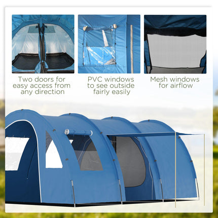 5-6 Man Waterproof Tunnel Tent with Sewn-In Floor and Carry Bag - Blue