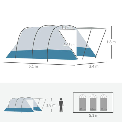 6-8 Person Tunnel Camping Tent with Bedroom and Sewn-in Floor - Blue
