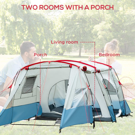 6-8 Person Tunnel Camping Tent with Bedroom and Sewn-in Floor - Blue