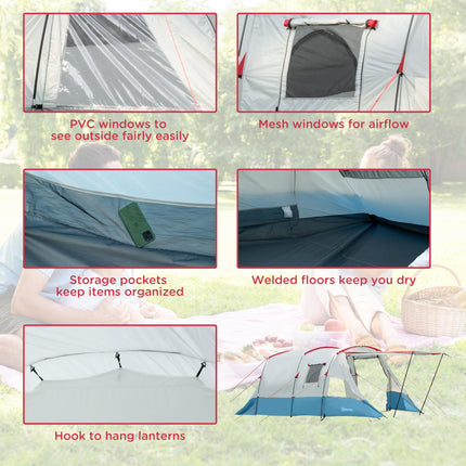 6-8 Person Tunnel Camping Tent with Bedroom and Sewn-in Floor - Blue
