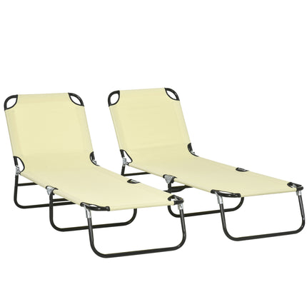 Set of Two Folding Metal Frame Sun Loungers with Adjustable Backrest - Beige