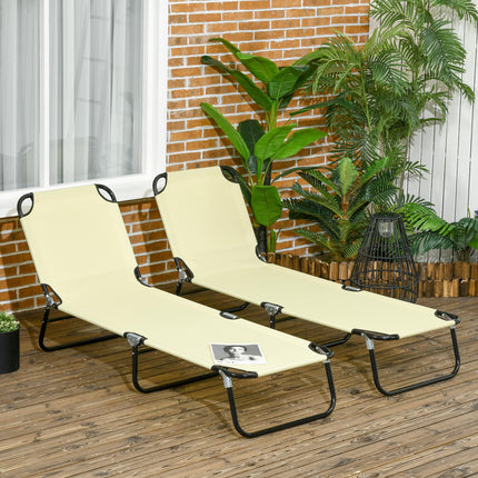Set of Two Folding Metal Frame Sun Loungers with Adjustable Backrest - Beige