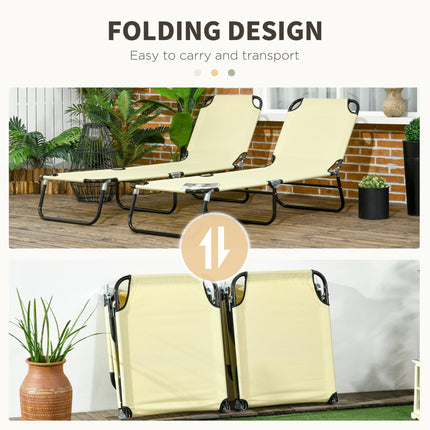 Set of Two Folding Metal Frame Sun Loungers with Adjustable Backrest - Beige
