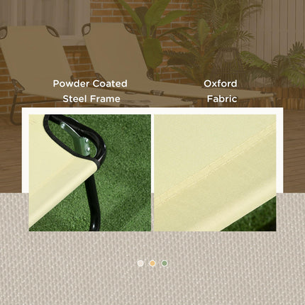 Set of Two Folding Metal Frame Sun Loungers with Adjustable Backrest - Beige