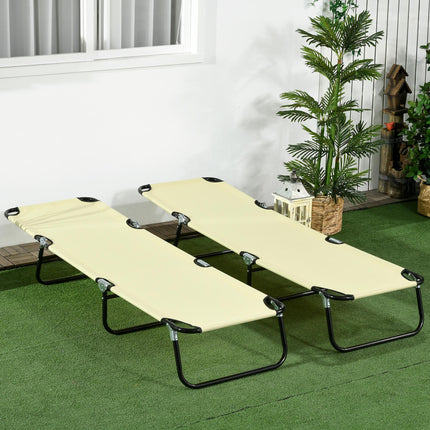 Set of Two Folding Metal Frame Sun Loungers with Adjustable Backrest - Beige
