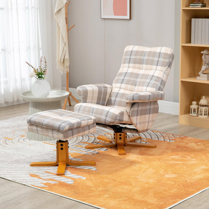 Linen Swivel Recliner Chair with Storage Ottoman and Wooden Base - Multicolour