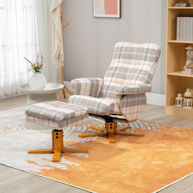 Linen Swivel Recliner Chair with Storage Ottoman and Wooden Base - Multicolour