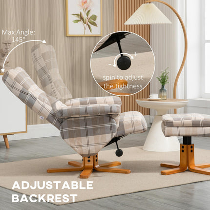 Linen Swivel Recliner Chair with Storage Ottoman and Wooden Base - Multicolour