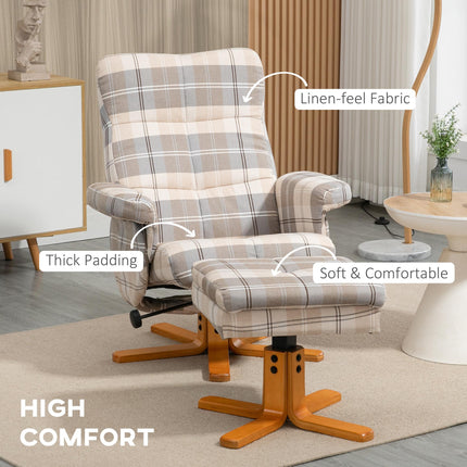Linen Swivel Recliner Chair with Storage Ottoman and Wooden Base - Multicolour