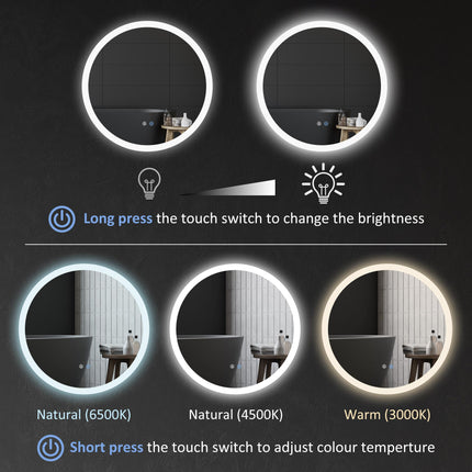 Round Illuminated Bathroom Mirror 70x70 cm with LED Lights and Anti-Fog - Silver