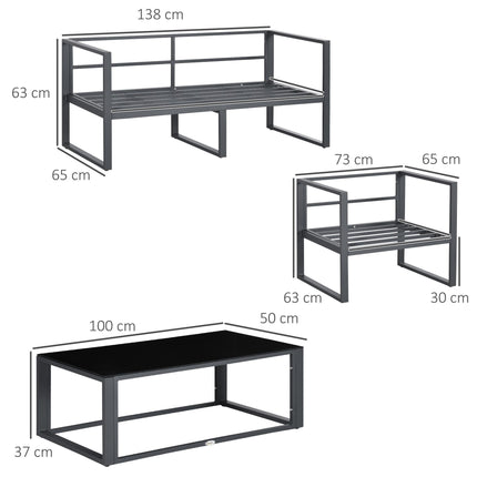 4-Piece Garden Sofa Set with 2 Armchairs, Bench & Side Table Aluminium Frame with Cushions - Grey