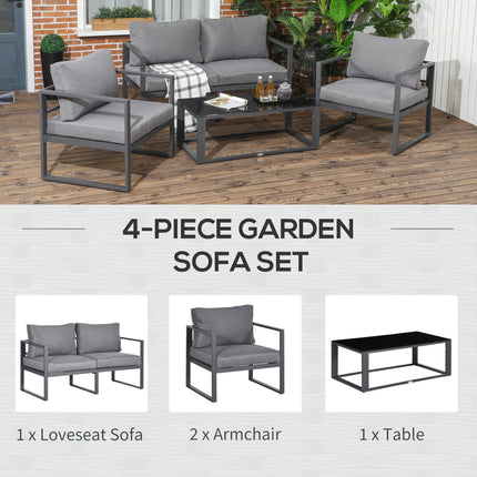 4-Piece Garden Sofa Set with 2 Armchairs, Bench & Side Table Aluminium Frame with Cushions - Grey