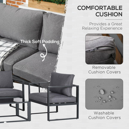 4-Piece Garden Sofa Set with 2 Armchairs, Bench & Side Table Aluminium Frame with Cushions - Grey