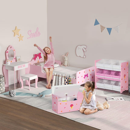 5PC Kids Bedroom Furniture Set with Bed, Toy Box Bench, Storage Unit, Dressing Table & Stool - Pink