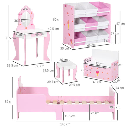 5PC Kids Bedroom Furniture Set with Bed, Toy Box Bench, Storage Unit, Dressing Table & Stool - Pink