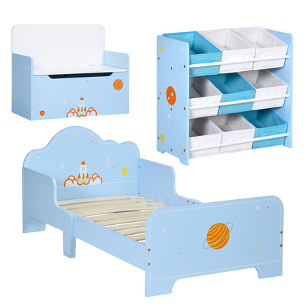 3PC Kids Bedroom Furniture Set with Bed, Toy Box Bench & Storage Unit, Space Themed - Blue