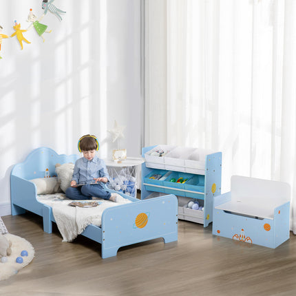 3PC Kids Bedroom Furniture Set with Bed, Toy Box Bench & Storage Unit, Space Themed - Blue