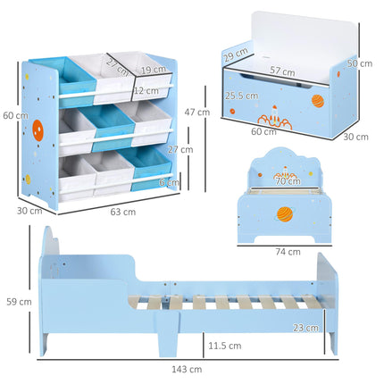3PC Kids Bedroom Furniture Set with Bed, Toy Box Bench & Storage Unit, Space Themed - Blue