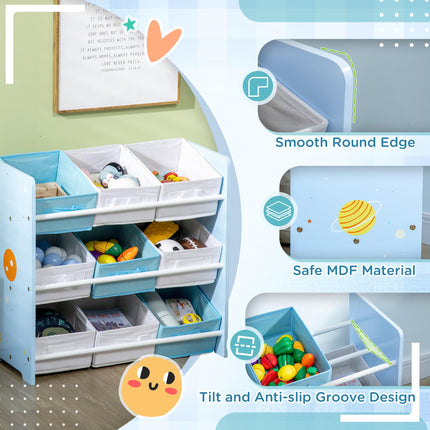 3PC Kids Bedroom Furniture Set with Bed, Toy Box Bench & Storage Unit, Space Themed - Blue