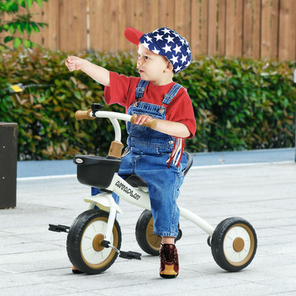 Adjustable Kids Tricycle with Basket and Bell for Ages 2-5 Years - White