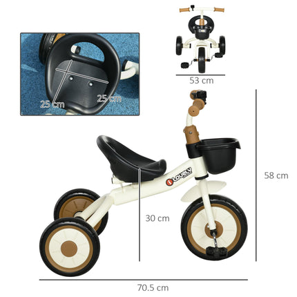 Adjustable Kids Tricycle with Basket and Bell for Ages 2-5 Years - White