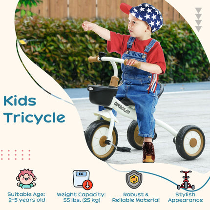 Adjustable Kids Tricycle with Basket and Bell for Ages 2-5 Years - White