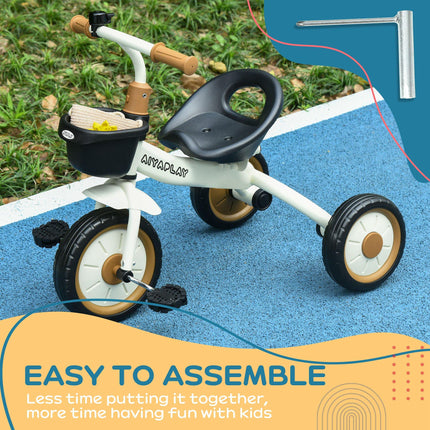 Adjustable Kids Tricycle with Basket and Bell for Ages 2-5 Years - White