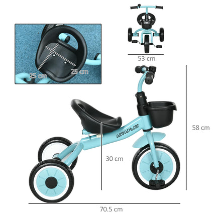 Adjustable Kids Tricycle with Basket and Bell for Ages 2-5 - Blue