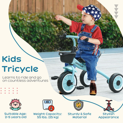 Adjustable Kids Tricycle with Basket and Bell for Ages 2-5 - Blue