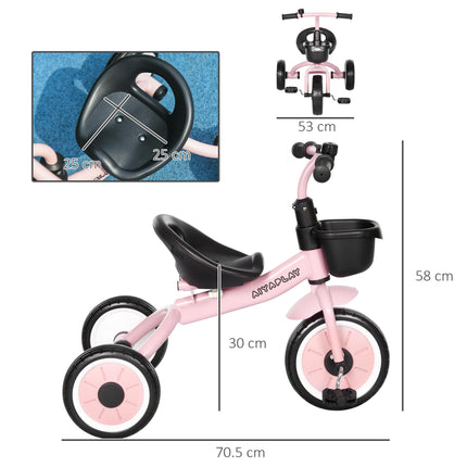 Adjustable Kids Tricycle with Bell and Basket for Ages 2-5 - Pink
