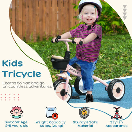 Adjustable Kids Tricycle with Bell and Basket for Ages 2-5 - Pink