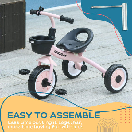 Adjustable Kids Tricycle with Bell and Basket for Ages 2-5 - Pink