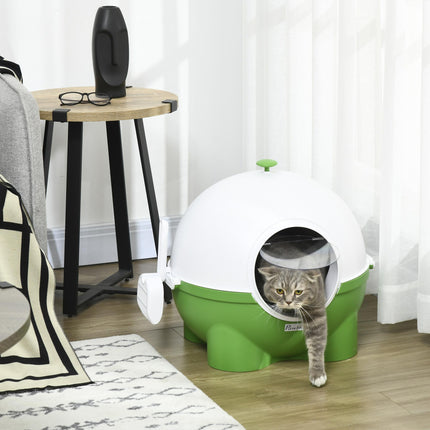 Large Hooded Cat Litter Box with Front Entrance, Scoop & Handle 53x51x48cm - Green