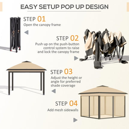 11 Foot Pop Up Canopy Tent with Adjustable Height and Mesh Sidewalls - Beige