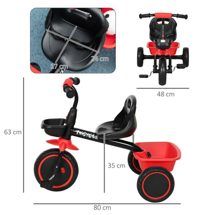 Adjustable Kids Trike with Pedals and Baskets for Ages 2-5 - Red