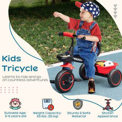 Adjustable Kids Trike with Pedals and Baskets for Ages 2-5 - Red