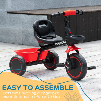 Adjustable Kids Trike with Pedals and Baskets for Ages 2-5 - Red