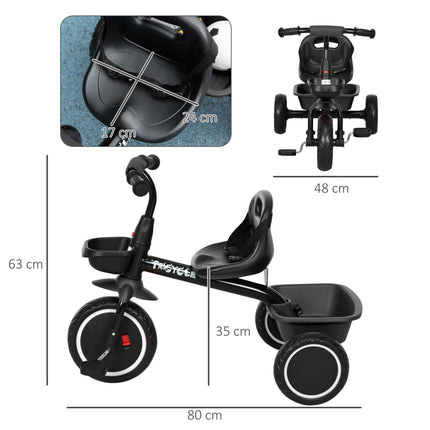 Adjustable Kids Trike with Pedals and Baskets for Ages 2-5 - Black