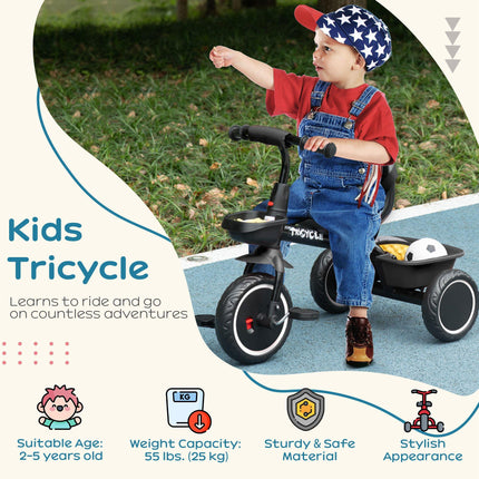 Adjustable Kids Trike with Pedals and Baskets for Ages 2-5 - Black