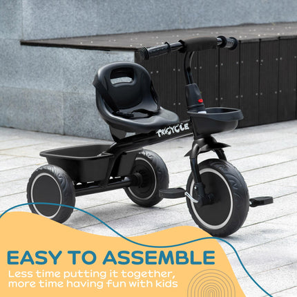 Adjustable Kids Trike with Pedals and Baskets for Ages 2-5 - Black