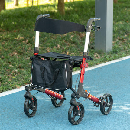 Folding Rollator Walker with Seat, Backrest & Adjustable Handles, 4 Wheels - Red