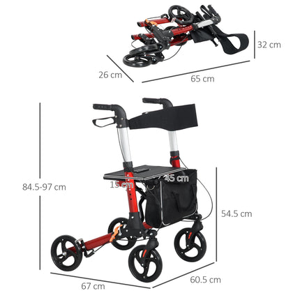 Folding Rollator Walker with Seat, Backrest & Adjustable Handles, 4 Wheels - Red