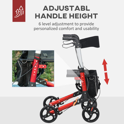 Folding Rollator Walker with Seat, Backrest & Adjustable Handles, 4 Wheels - Red