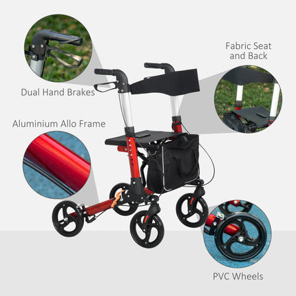 Folding Rollator Walker with Seat, Backrest & Adjustable Handles, 4 Wheels - Red