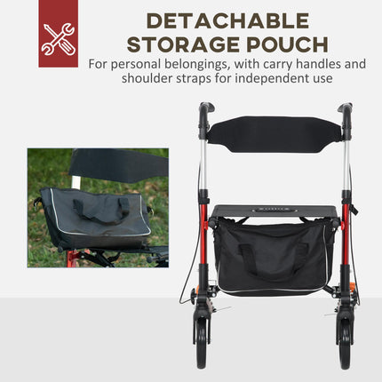 Folding Rollator Walker with Seat, Backrest & Adjustable Handles, 4 Wheels - Red