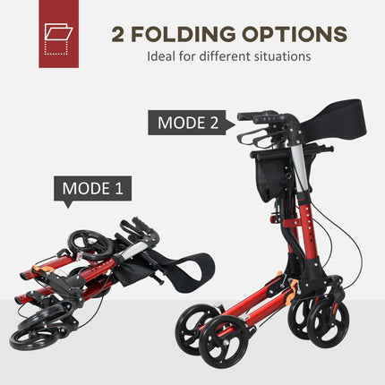 Folding Rollator Walker with Seat, Backrest & Adjustable Handles, 4 Wheels - Red