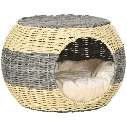 Wicker Raised Cat House with Washable Cushion 40x30cm - Beige Grey