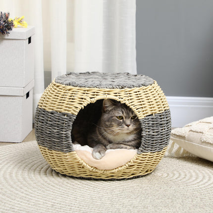 Wicker Raised Cat House with Washable Cushion 40x30cm - Beige Grey