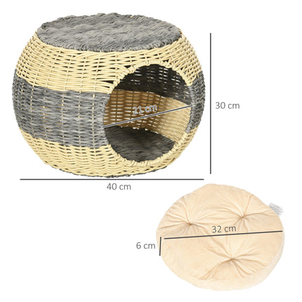 Wicker Raised Cat House with Washable Cushion 40x30cm - Beige Grey