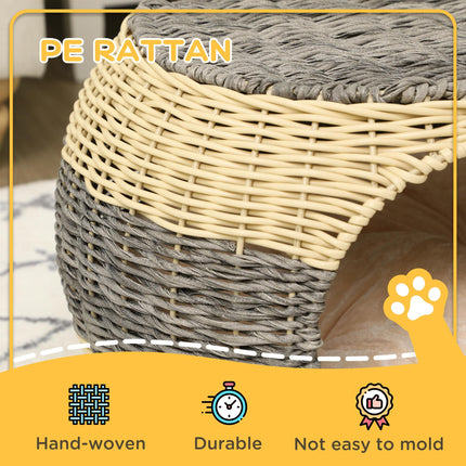 Wicker Raised Cat House with Washable Cushion 40x30cm - Beige Grey